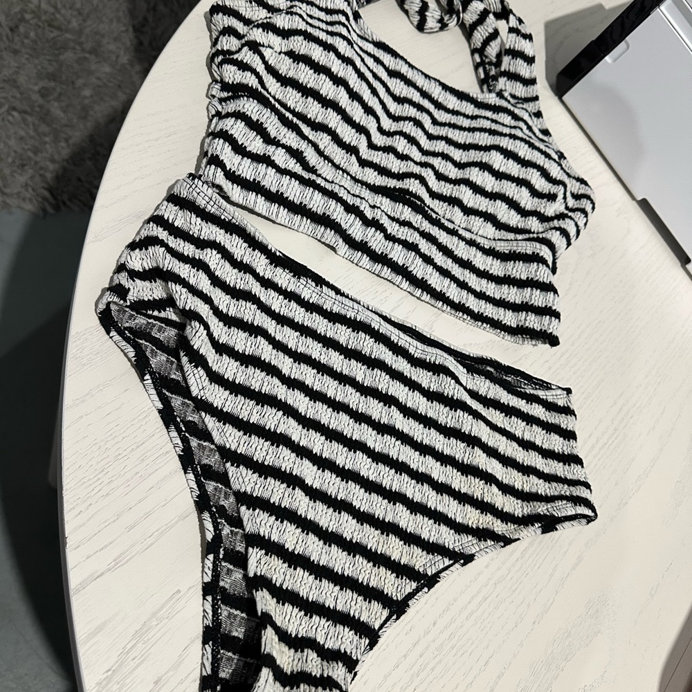 SHEIN Black and White Striped Bikini Set